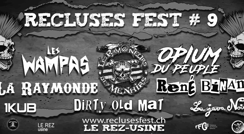 Affiche en noir et blanc du Recluses Fest 9 avec le nom des groupes