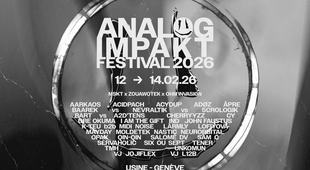 Affiche en noir et blanc de l'Analog Impakt Festival 2026 au Zoo et Rez-Usine