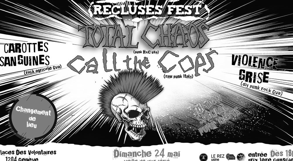 Affiche en noir et blanc de l'apéro punk côte par le Recluses Fest avec Total Chaos