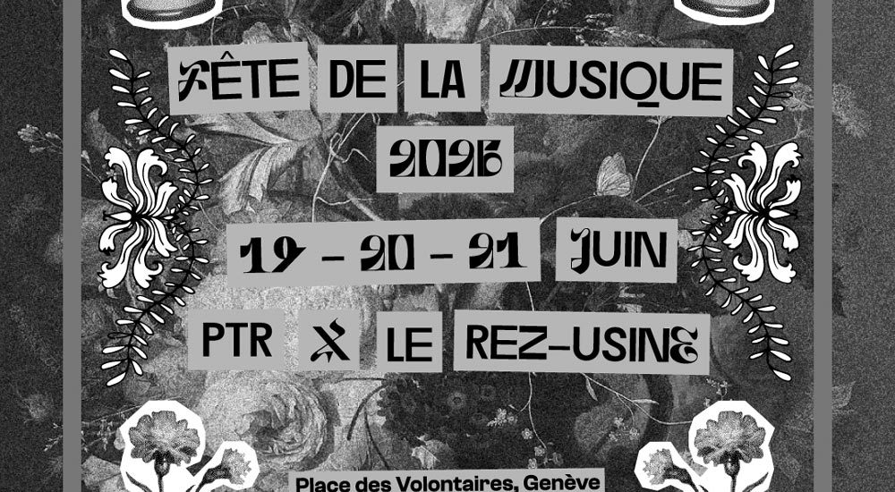 Affiche en noir et blanc de la Fête de la Musique 2026 devant l'Usine