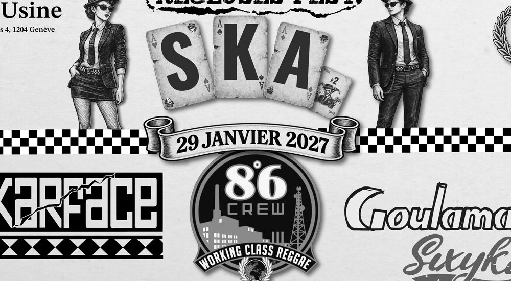 Affiche en noir et blanc de skia, en coproduction avec le Recluses Fest au Rez-Usine